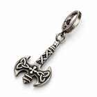 Antique silver double-headed axe pendant keychain with spring clasp, lying on white surface