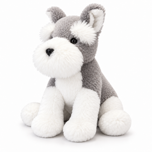 Cute Schnauzer plush toy facing left on a white studio background