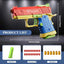 Colorful toy gun with measurements and accessories on a dark background