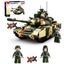 Complete 758PCS SLUBAN T90MS main battle tank building blocks model with detailed turret, cannon and authentic camouflage paint design.