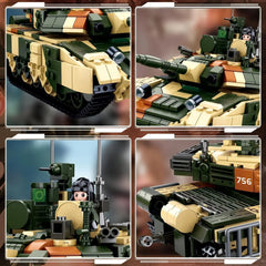 Original SLUBAN T90MS 758pcs tank building blocks set premium packaging box with product branding and military theme design.