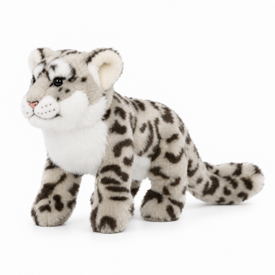 19CM realistic snow leopard plush toy facing left on white studio background
