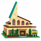 Springfield church building-block model, complete front three-quarter hero with teal steeple and stained glass