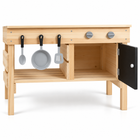 Open wooden mud kitchen cupboard, slatted shelf and hanging gray play cookware