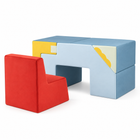 Convertible foam playset arranged as pale blue table and separate red chair