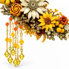 Close-up of the golden moon lower tip with hanging yellow and green bead tassels
