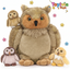 Plush owl family with a large owl, two smaller owls, and a baby owl on a white background with 'Toyivia Toys' branding.