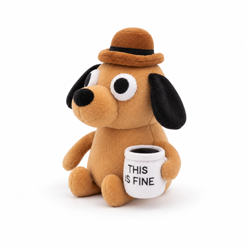 This Is Fine coffee dog plush toy, clear 45-degree left-facing studio image