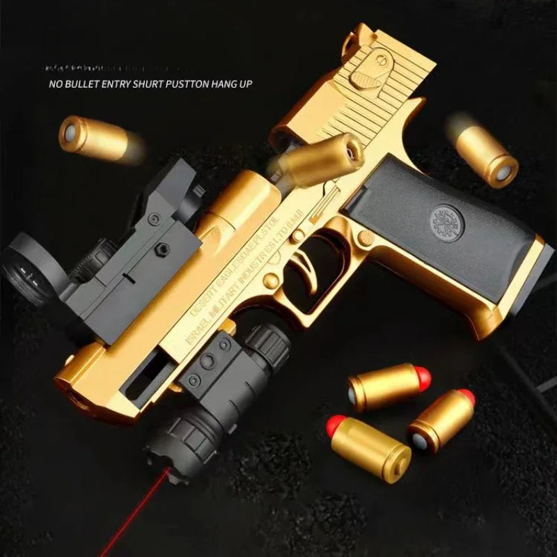 Gold Desert Eagle toy gun showing shell ejection action – Toylvia