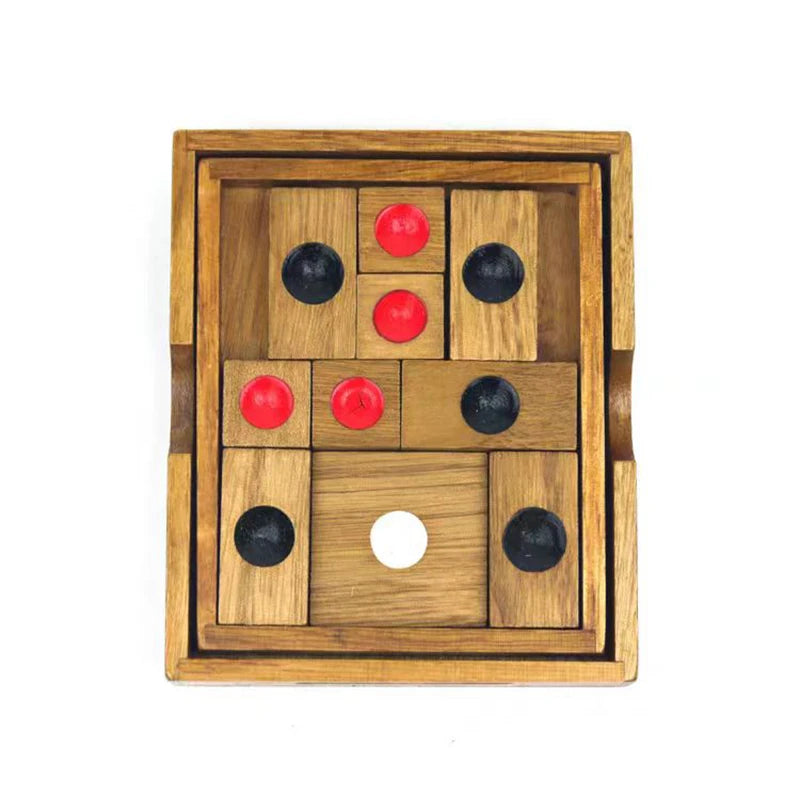 Front view of Toylvia Huarong Road wooden logic sliding puzzle with red and black pieces