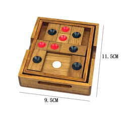 Toylvia Huarong Road wooden sliding logic puzzle showing size dimensions 9.5 cm by 11.5 cm