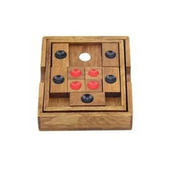 Straight view of Toylvia Huarong Road wooden sliding logic puzzle with red and black markers