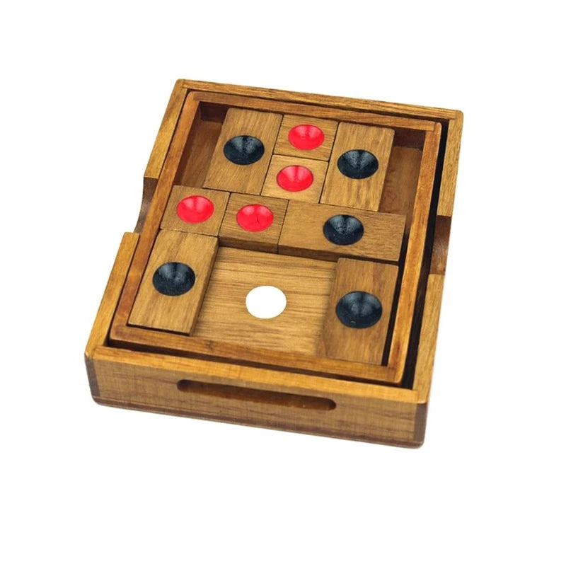 Top view of Toylvia Huarong Road wooden sliding logic puzzle with red and black pieces