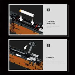 Toylvia Kar98K building block rifle showing step-by-step loading and bolt-action mechanism with soft bullets