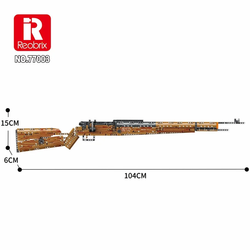 Toylvia Kar98K building block rifle size chart showing 104cm length, 15cm height and 6cm width