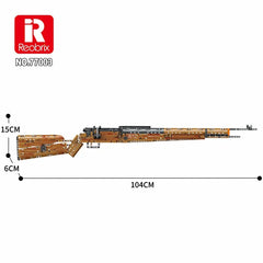 Toylvia Kar98K building block rifle size chart showing 104cm length, 15cm height and 6cm width