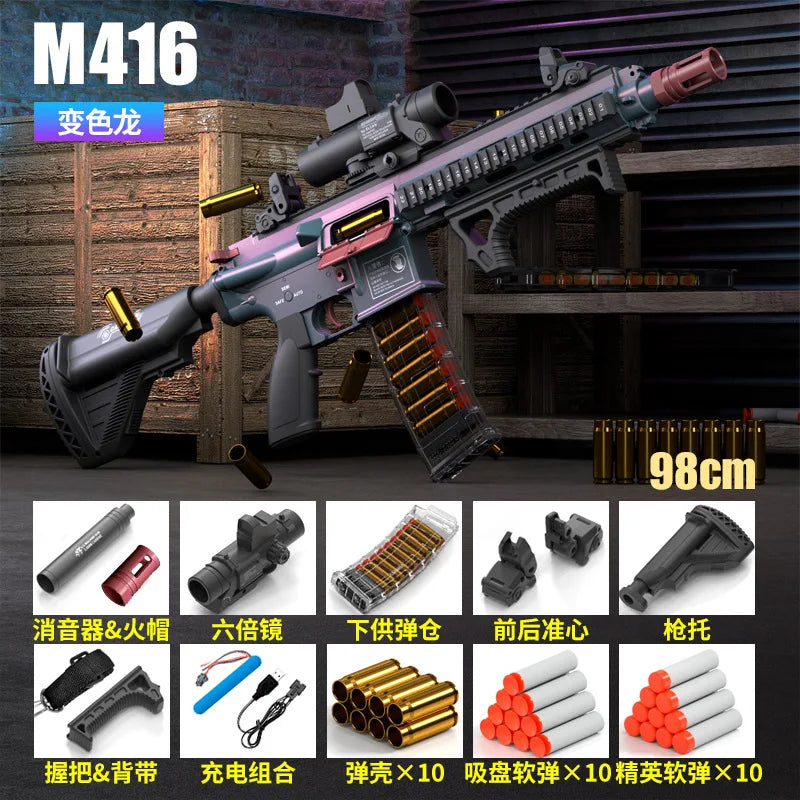 M416 electric soft bullet toy rifle with full accessory set displayed on a dark background