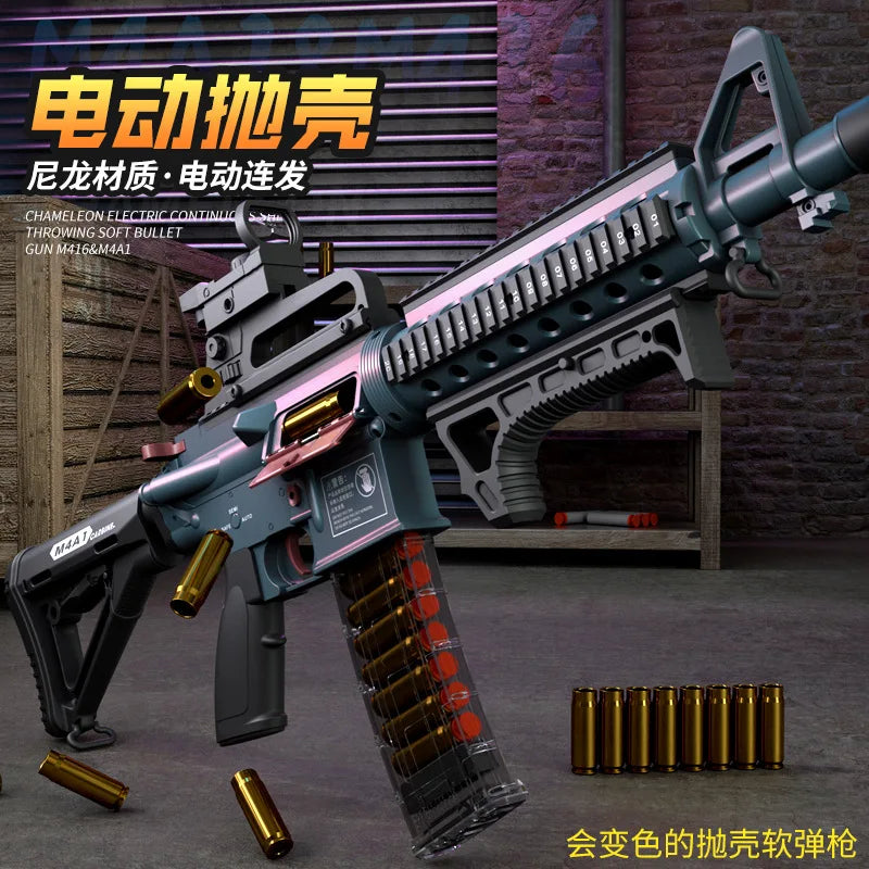 Electric M4A1 soft bullet toy rifle with shell-ejecting action in a warehouse-style background
