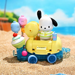 Pochacco float parade building block vehicle displayed on a sandy beach scene