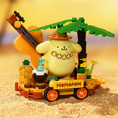 Pompompurin float parade building block set with palm tree and tropical beach theme