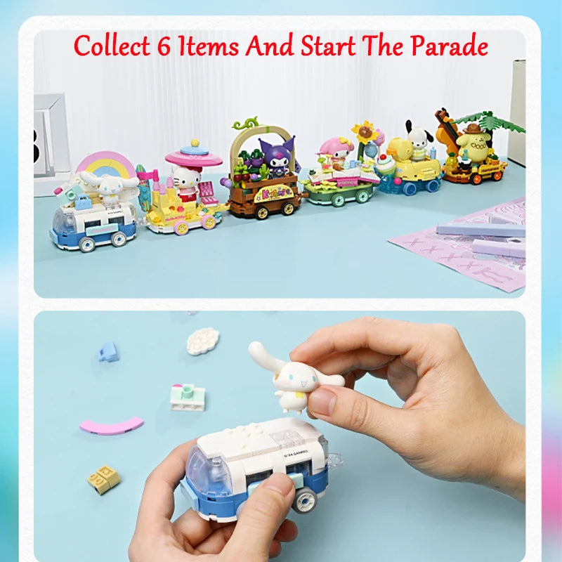 Sanrio float parade building blocks showing collection lineup and hands assembling pieces