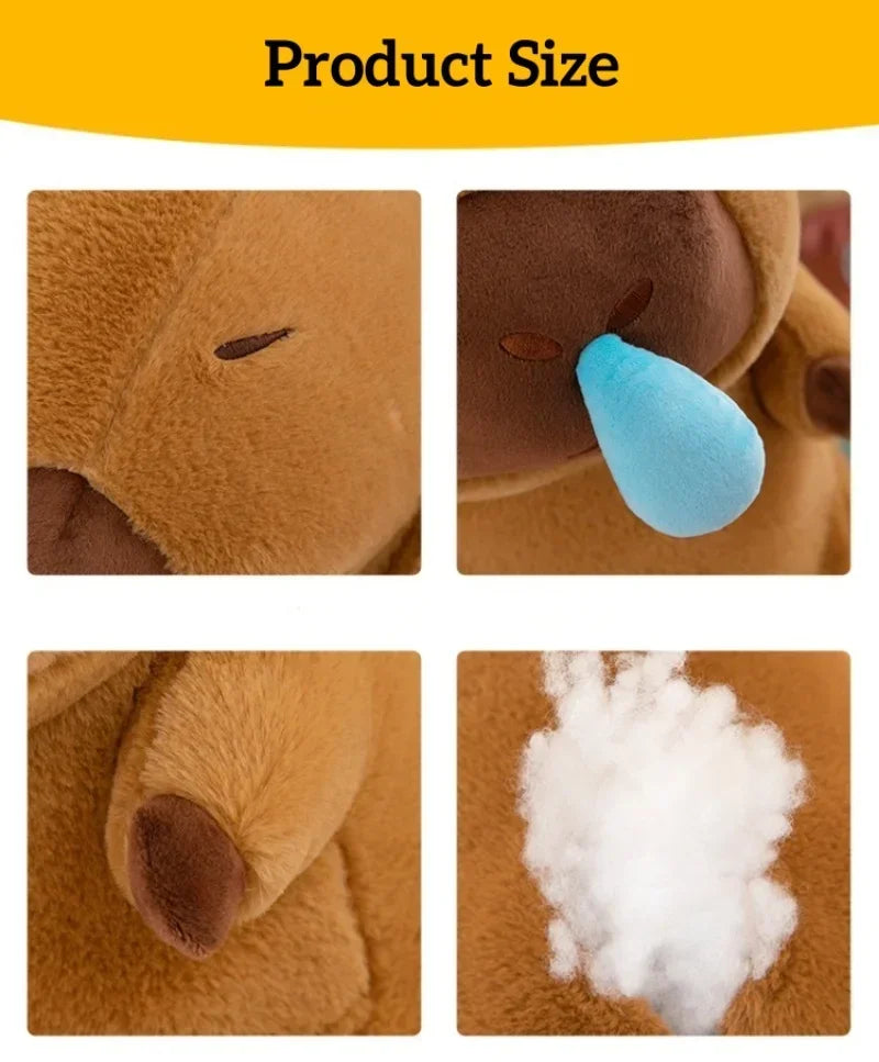 Close-up details of the snot capybara plush toy showing face, blue snot, paws, and soft PP cotton filling