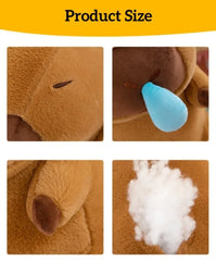 Close-up details of the snot capybara plush toy showing face, blue snot, paws, and soft PP cotton filling