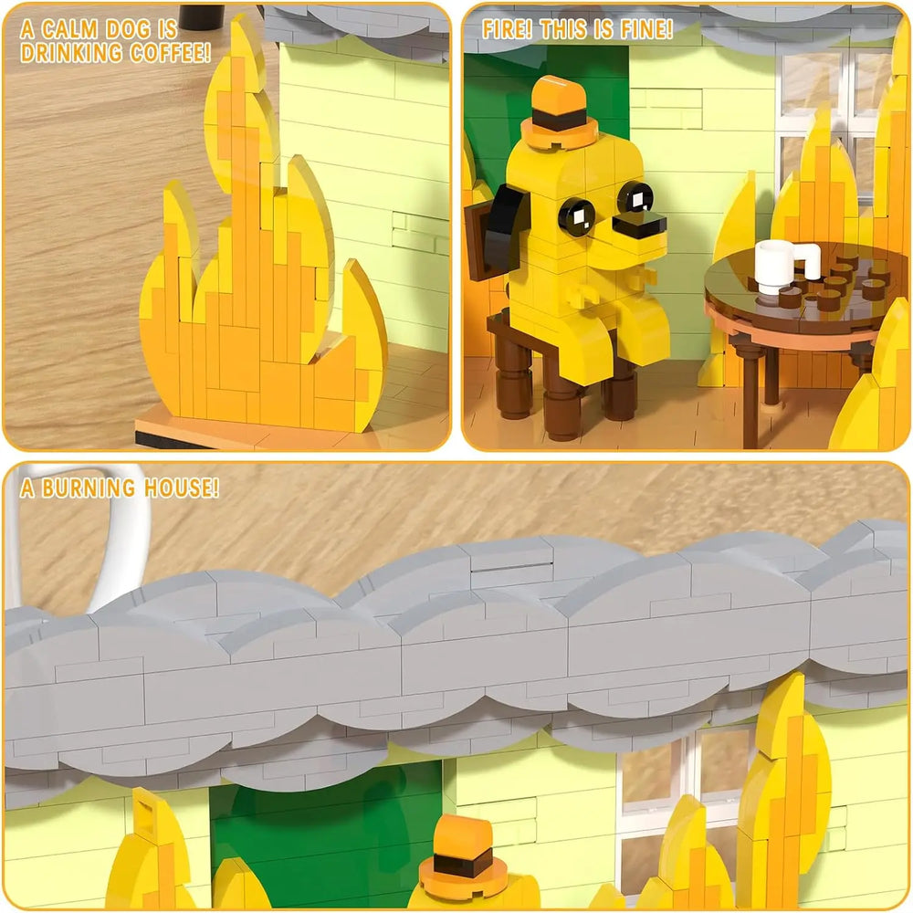 Collage showing details of the 403PCS ‘This Is Fine’ dog building block set, including flames, coffee table scene, and smoke roof, meme-style desktop model by Toylvia.
