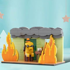 403PCS ‘This Is Fine’ dog building block set displayed on a pastel background with flames, smoke roof, and meme-style dog figure, collectible desktop scene by Toylvia.