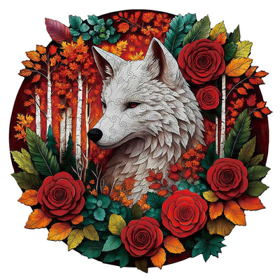 Focus & Mastery: Majestic Wolf in Bloom High-Difficulty Wood Jigsaw