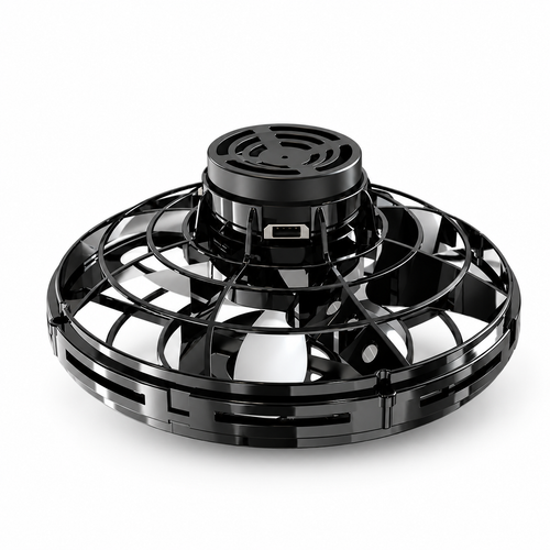 Black flying UFO spinner toy three-quarter view on white