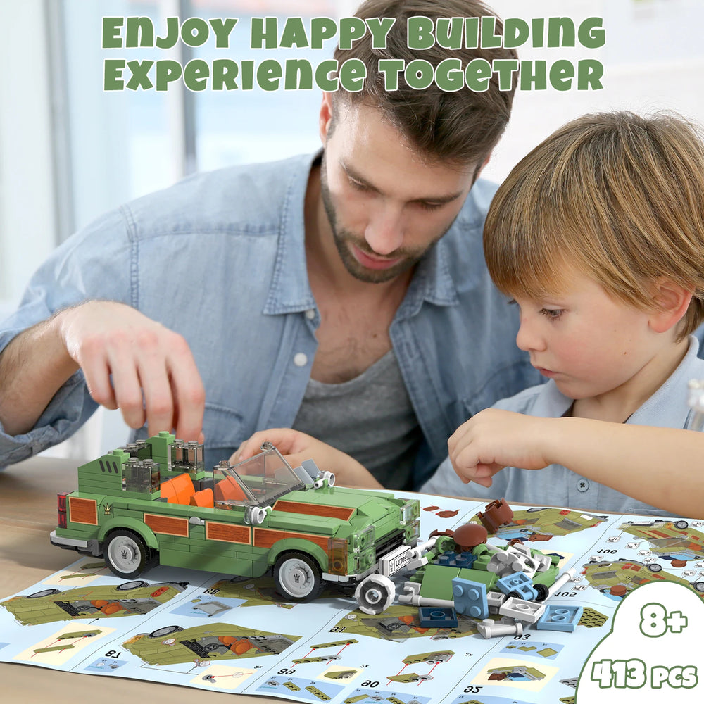 Man and child building a toy car together with text 'Enjoy happy building experience together'.