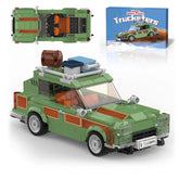 Complete Wagon Queen Truckster 413 piece family vacation building blocks set displayed in green and brown colors, featuring iconic camper wagon design with detailed roof rack luggage and fun camping features