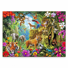 Completed Wild Animal Kingdom wooden jigsaw puzzle showing colorful jungle wildlife on a white background