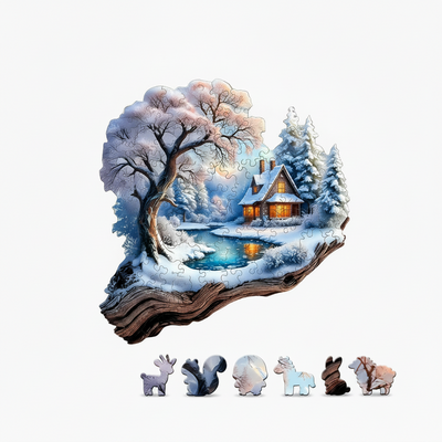 Winter Treehouse Wooden Jigsaw Puzzle Unique Animal Shaped Pieces Snowy Forest Art