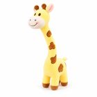 Yellow cartoon giraffe plush, centered and facing three-quarter left