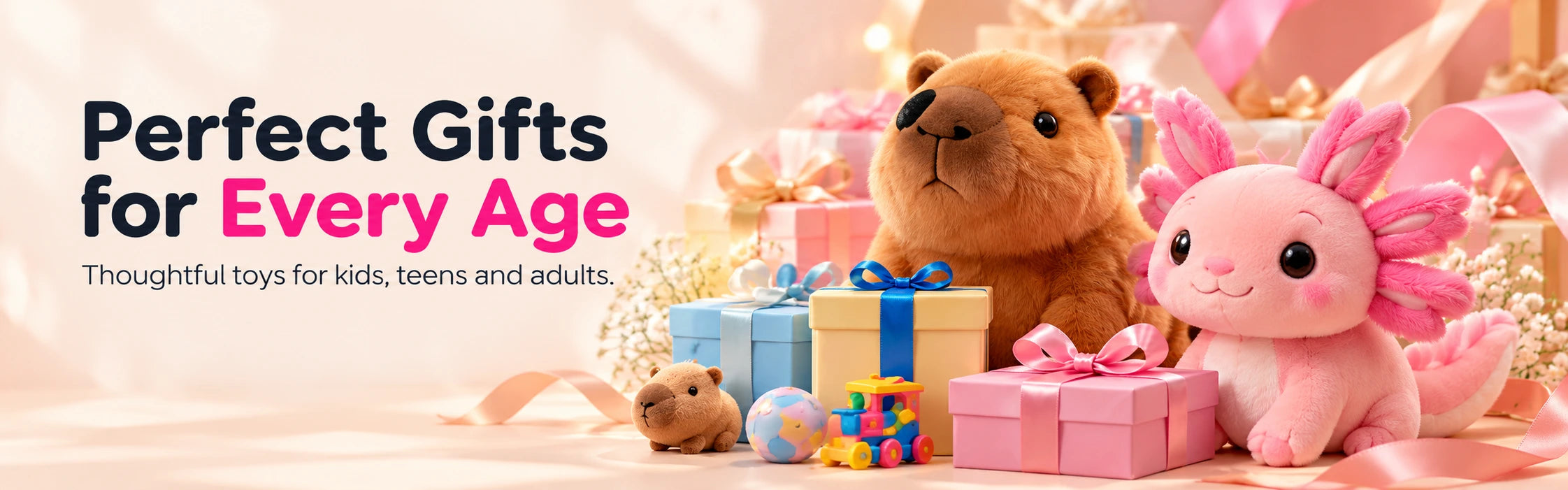 Perfect Gifts for Every Age. Thoughtful toys for kids, teens and adults. Plush capybara and pink axolotl beside pastel gift boxes.
