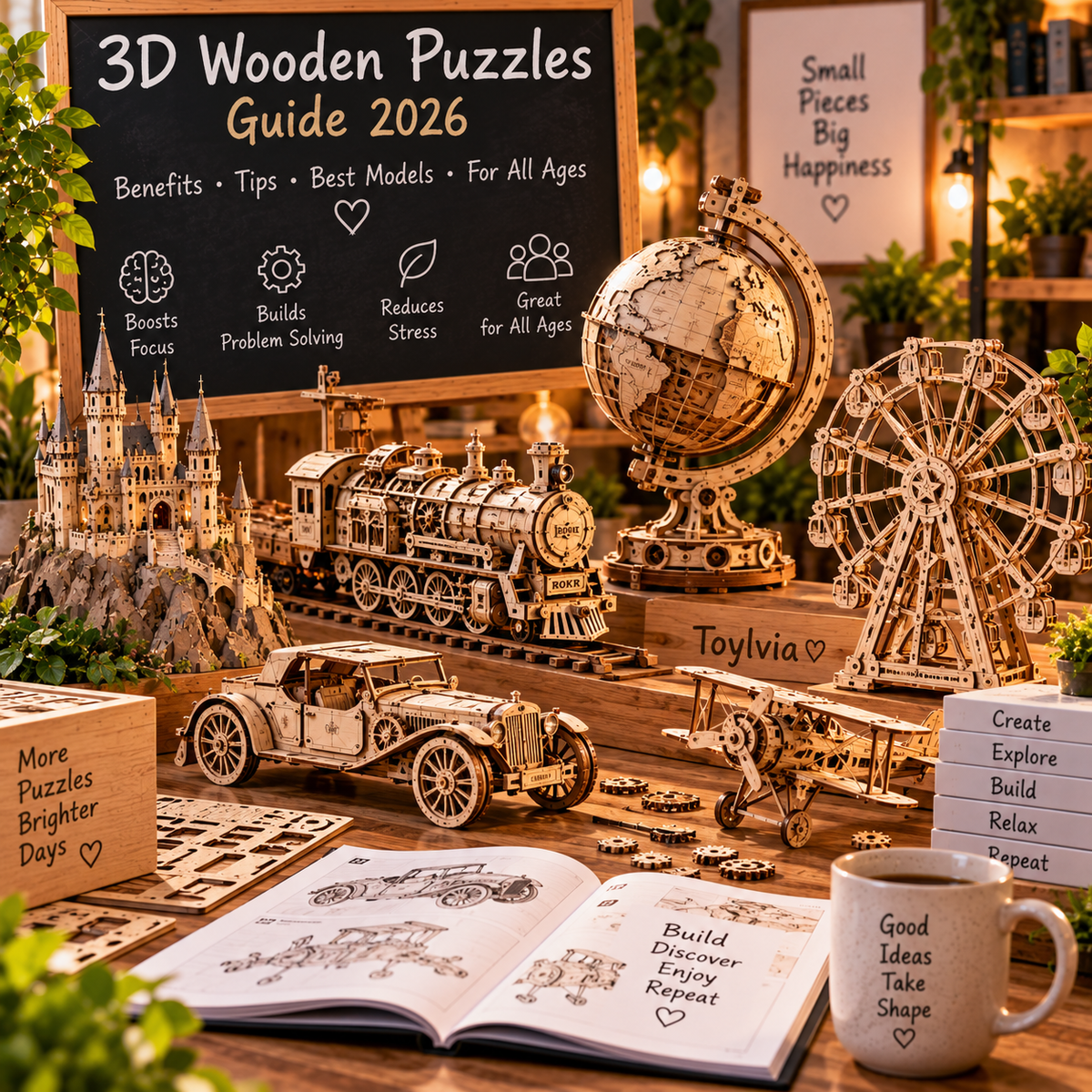 3D wooden puzzles displayed in a warm creative workshop with multiple model builds
