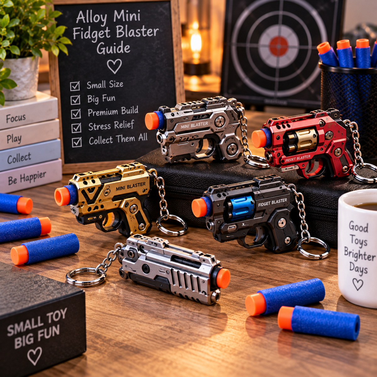 Alloy mini fidget blasters displayed in a premium collector desk scene