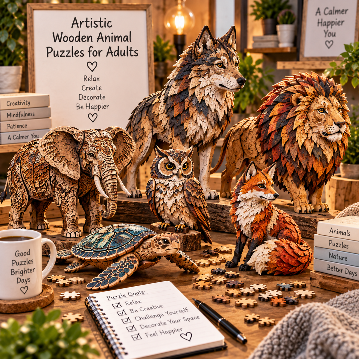 Artistic wooden animal puzzles displayed in a warm creative workspace