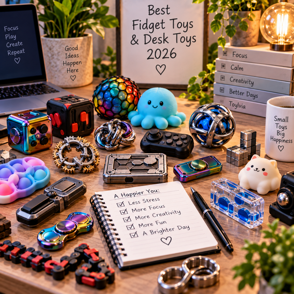 Best fidget toys and desk toys displayed in a colorful premium workspace