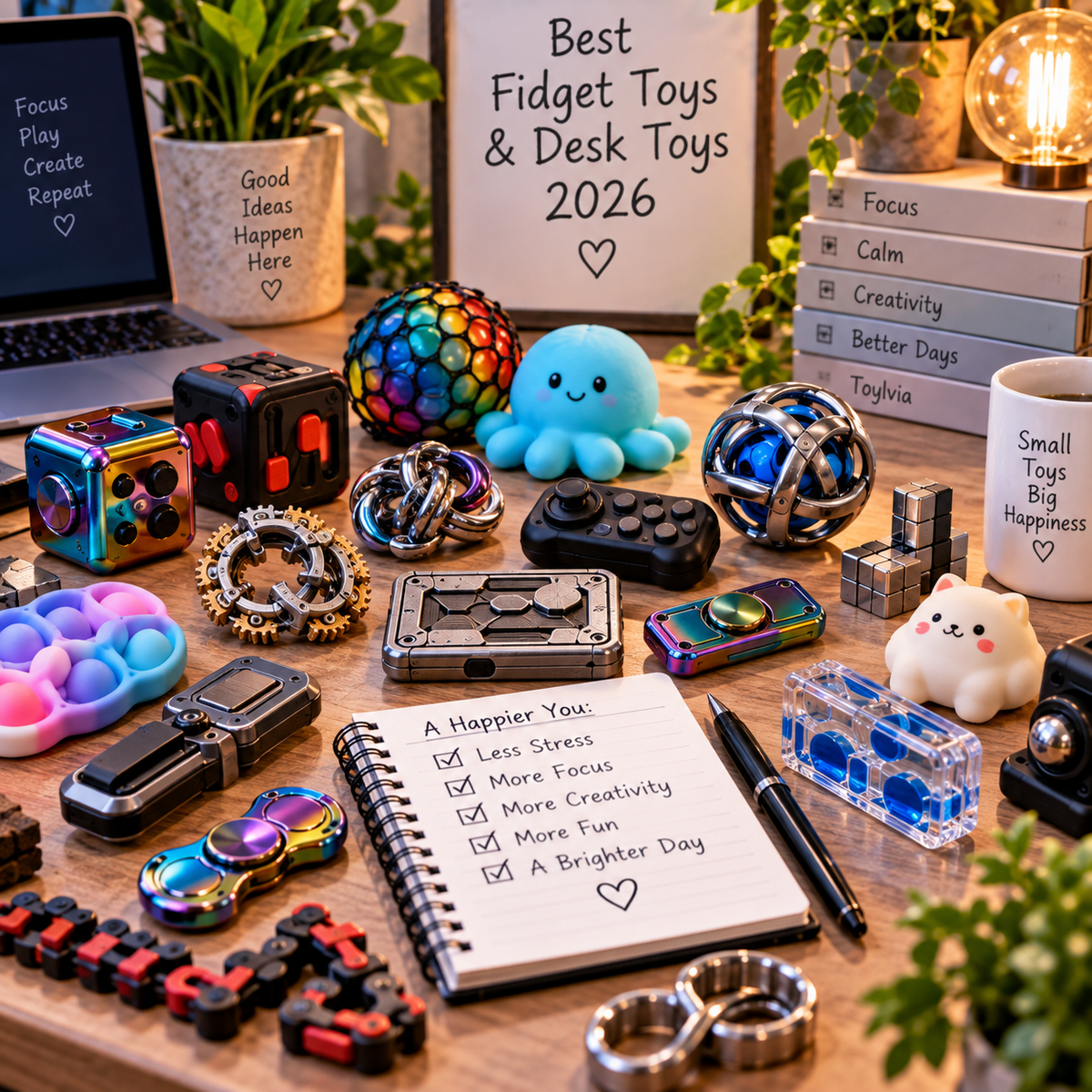 Best fidget toys and desk toys displayed in a colorful premium workspace