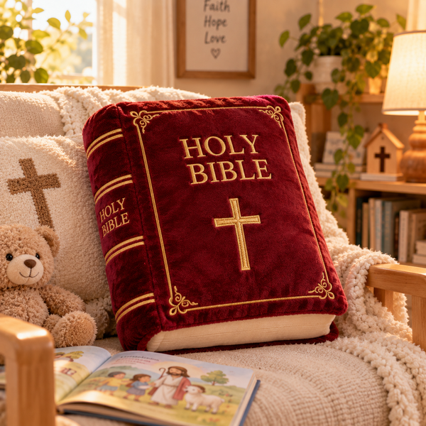 Bible plush pillow for kids in a cozy Christian reading nook