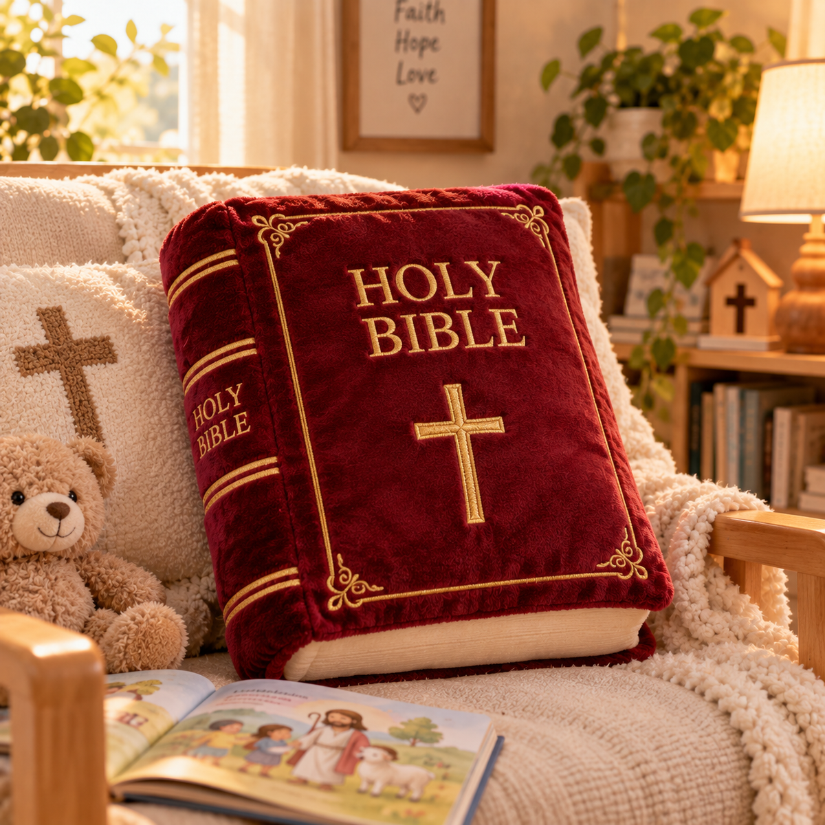 Bible plush pillow for kids in a cozy Christian reading nook