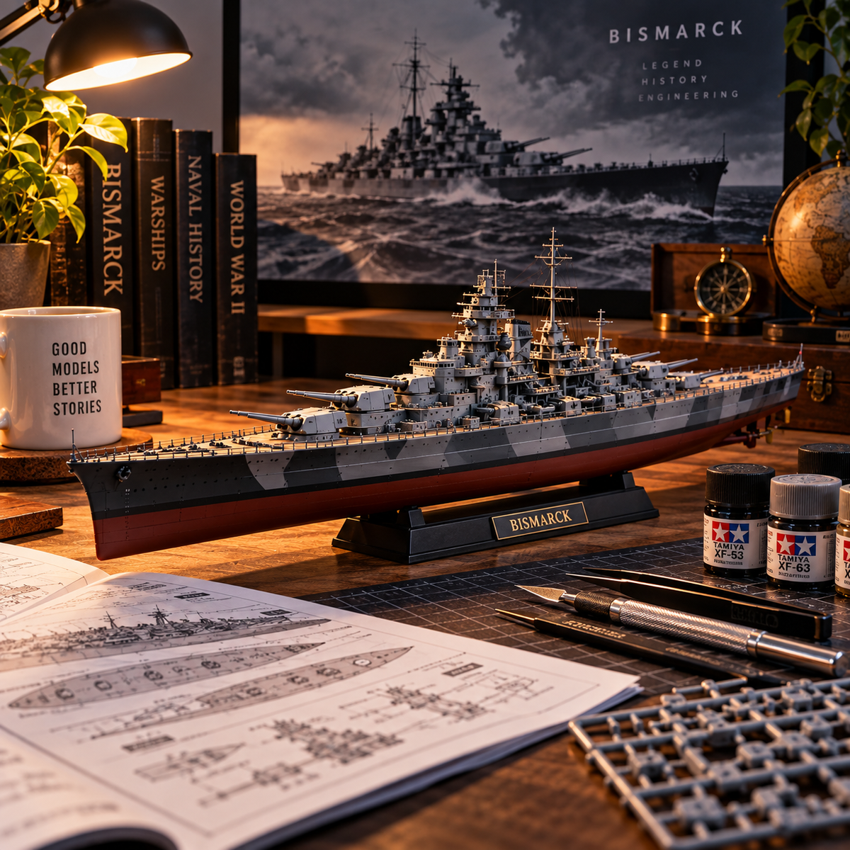 Bismarck model displayed in a warm hobby workspace