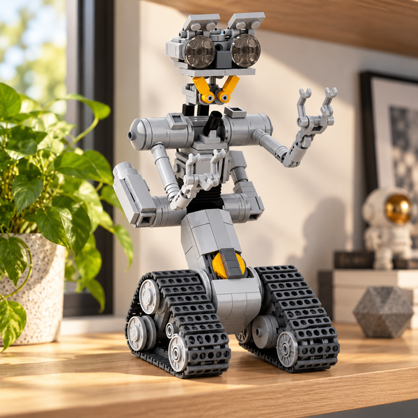 Grey brick-built robot figure on a hobby room shelf with a plant and soft side light