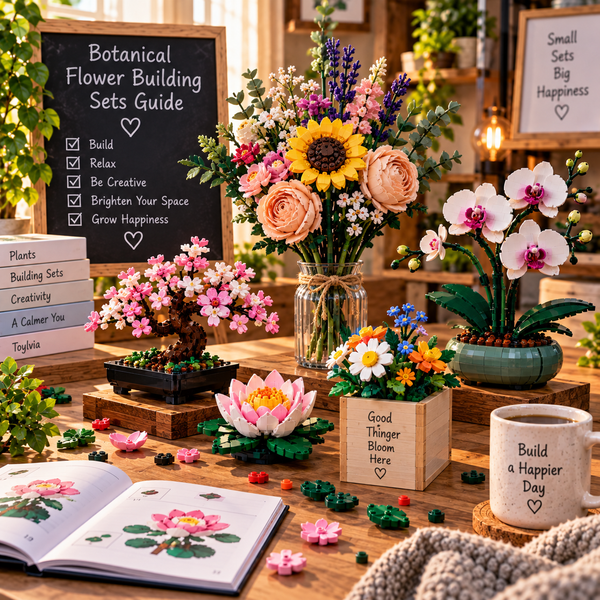 Botanical flower building sets displayed in a warm creative workspace