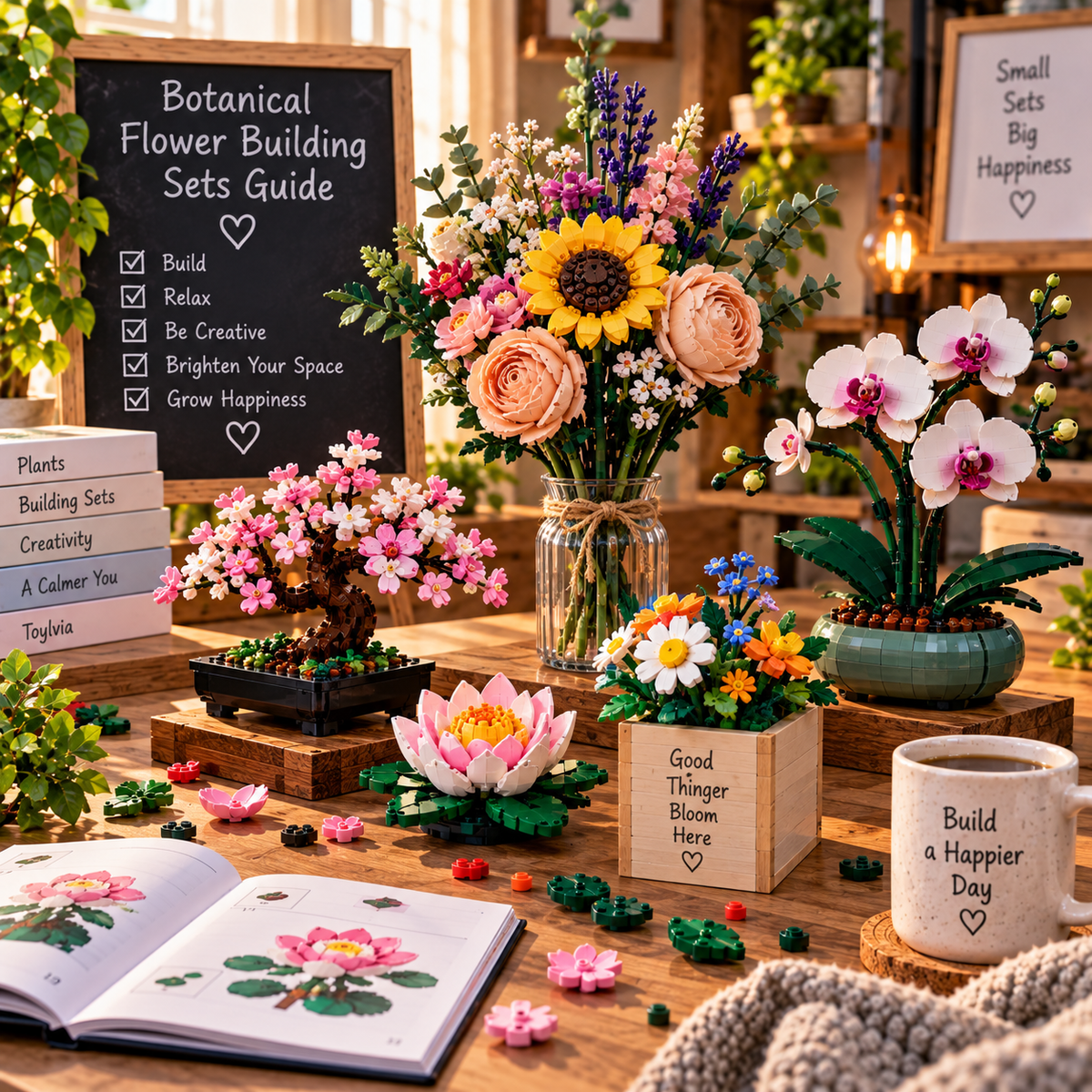 Botanical flower building sets displayed in a warm creative workspace
