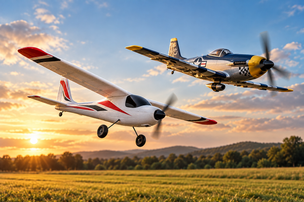 Two RC airplanes showing the difference between beginner trainer and high-performance brushless flight