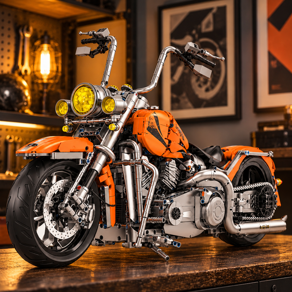 Orange and chrome brick-built motorcycle on a wooden shelf in a garage corner